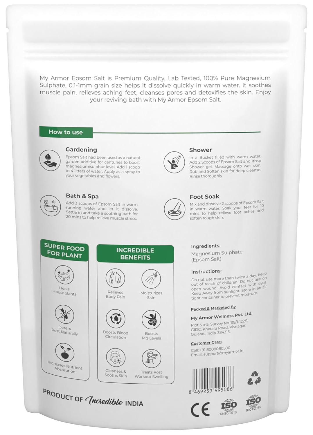 MY ARMOR Epsom Bath Salt Powder 900g for Muscle Relief and Gardening