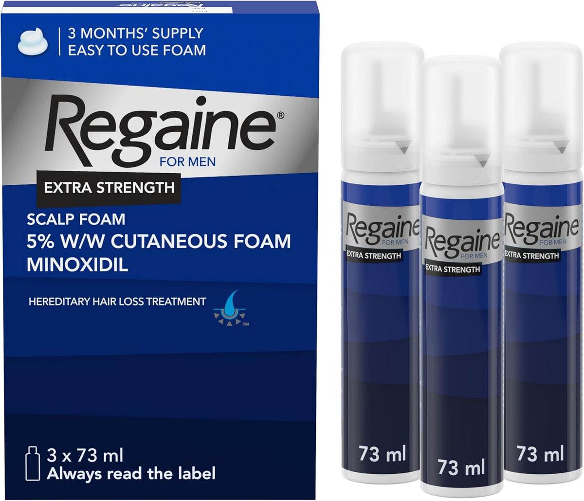 Regaine For Men Extra Strength Foam 3x73ml, Expiry date 10/28, New but open, scruffy box, bagged
