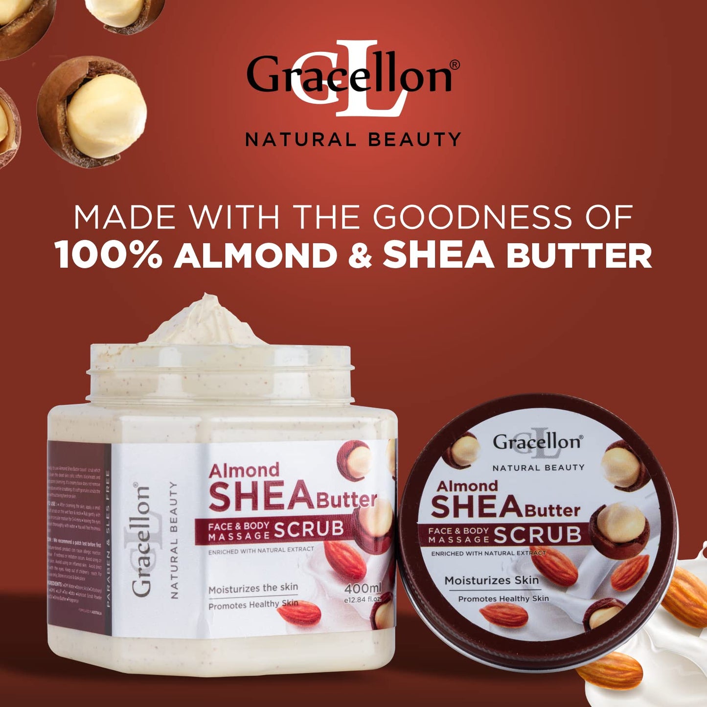 Gracellon Almond Shea Scrub for Face & Body - Moisturizing & Paraben-Free
