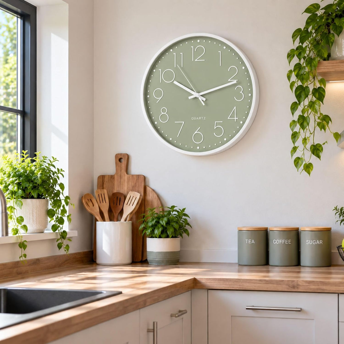 30cm Kitchen Wall Clock in Sage Green