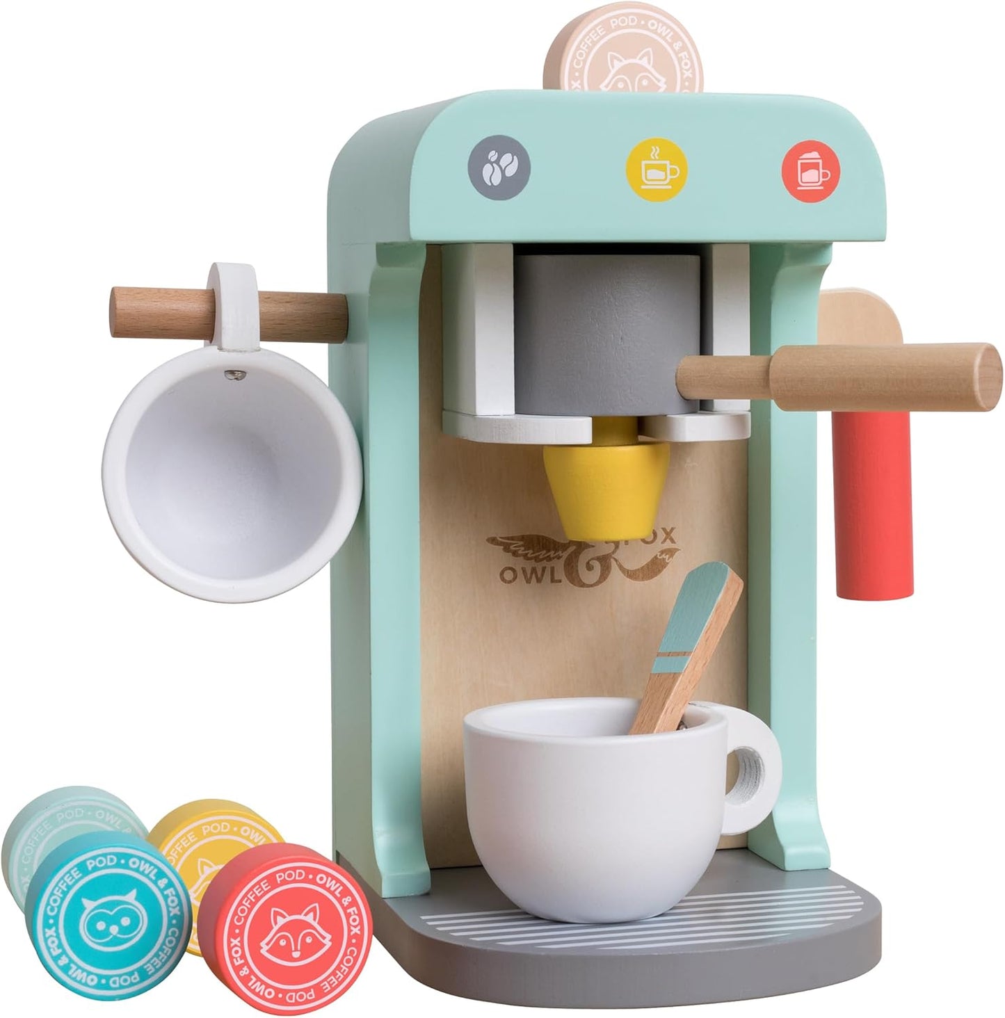 Owl & Fox Wooden Coffee Machine, New but no holes for hanging arms, open, slightly scruffy box