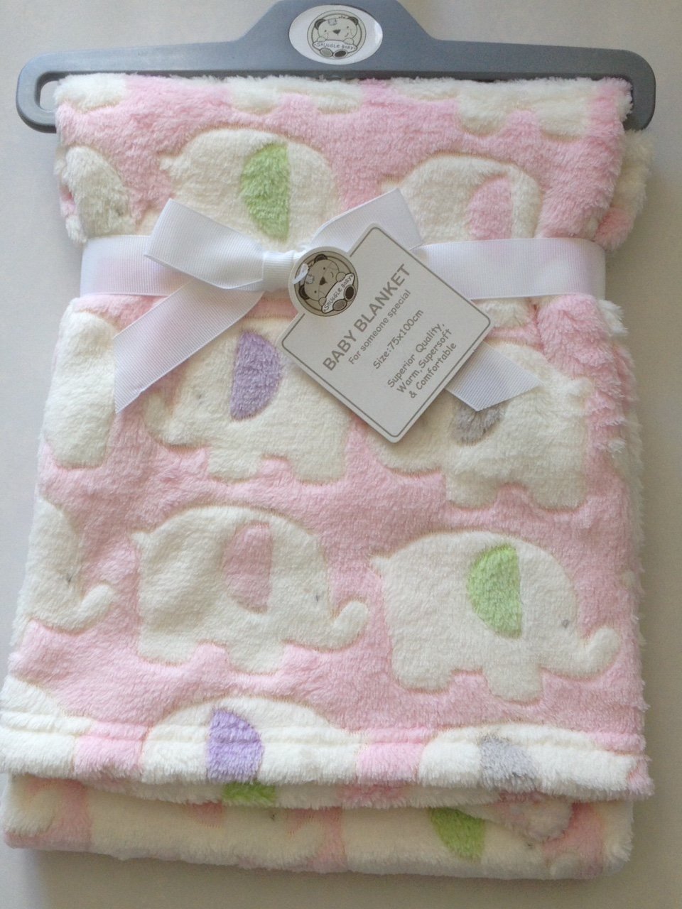 Beautiful Soft Baby Blanket With Elephants Pink/White 100 cm x 75 cm