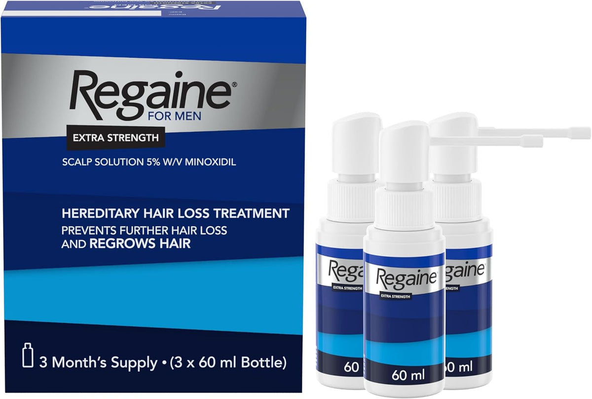 Regaine for Men Extra Strength Scalp Solution 3x60ml, expiry date 11/28, New but missing 1 attachment, scruffy/ damaged box