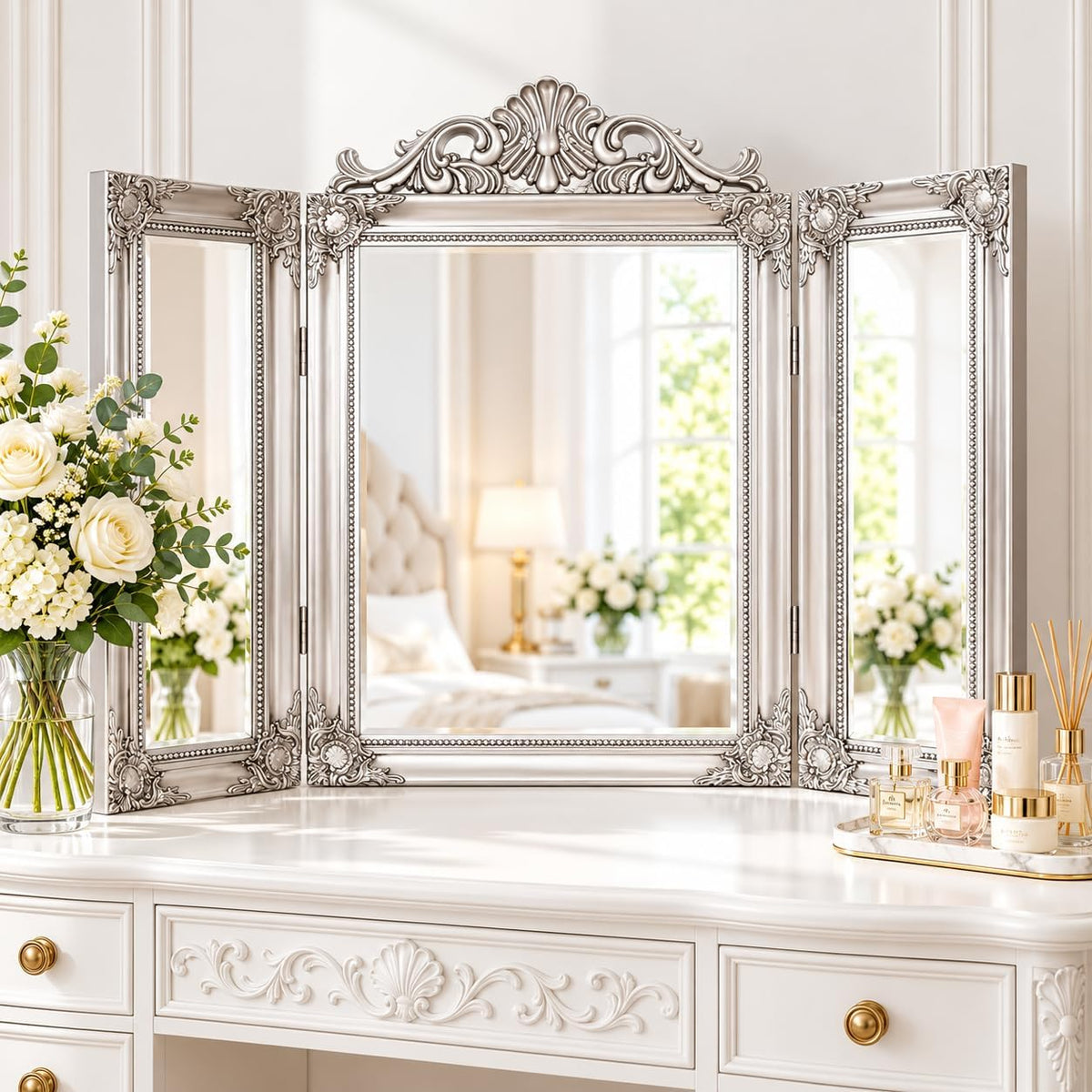 Silver Tri-Fold Dressing Table Mirror Ornate Freestanding Vanity