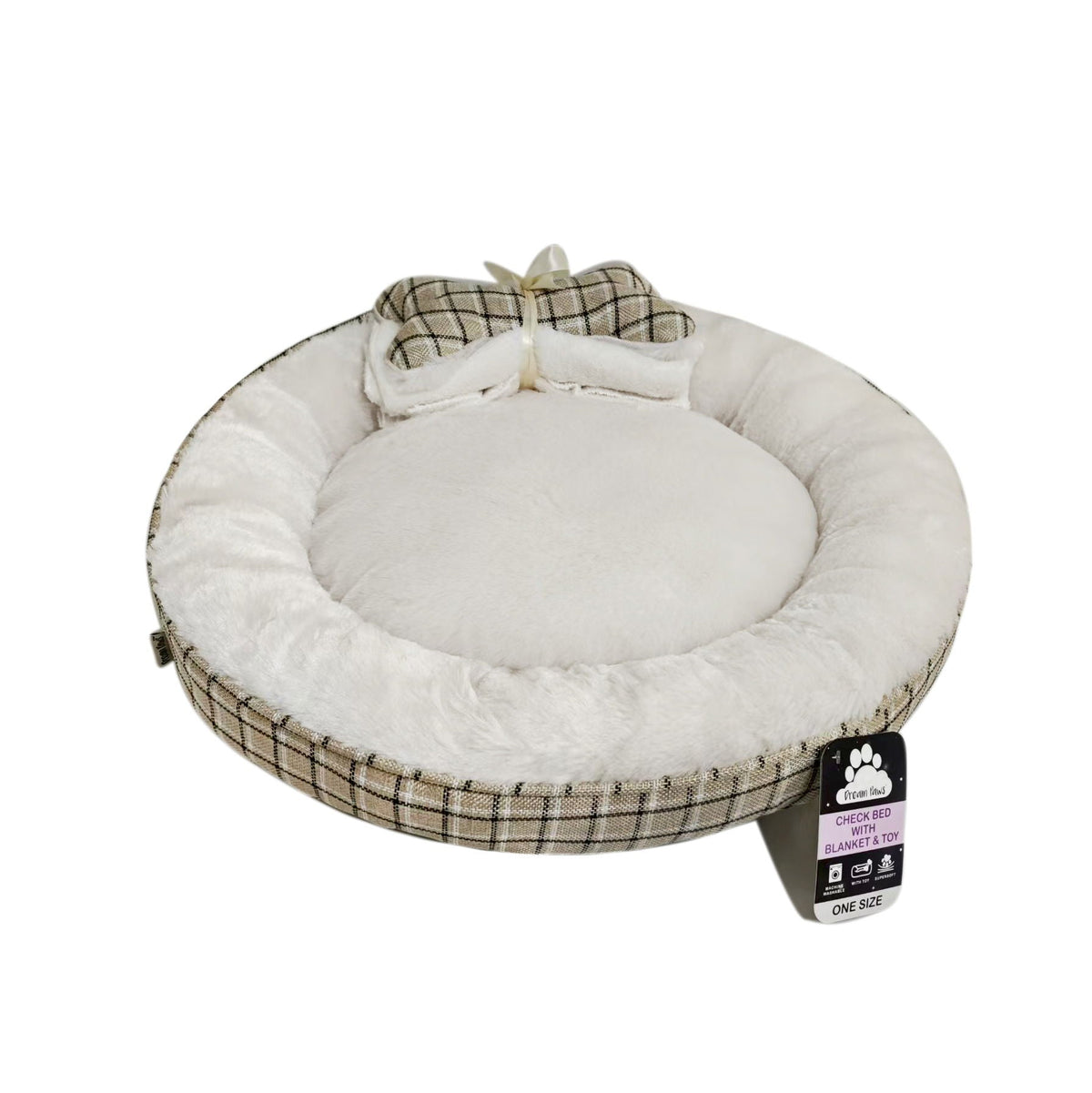 Dream Paws Neutral Check Dog Bed With Matching Blanket & Toy