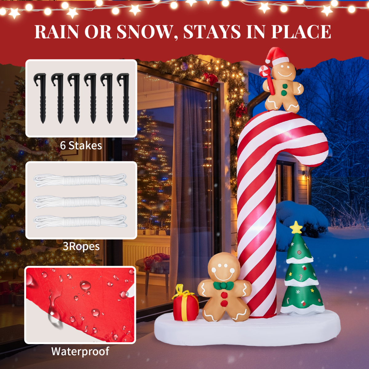 2.45M Lighted Christmas Inflatable Decoration, Inflatable Giant Candy Cane with Gingerbread Men, Funny Blow Up Yard Decorations with Built-in LED Lights for Holiday Party Front Yard Lawn Garden Decor