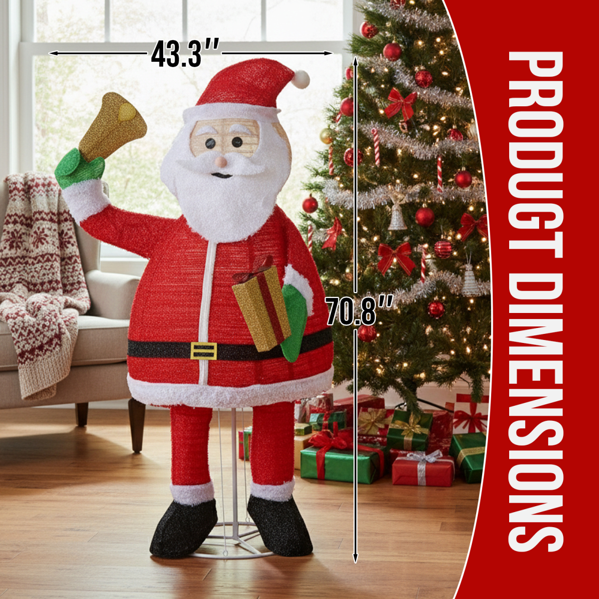 1.8M Lighted Santa Claus Holding Bell Christmas Yard Decorations, Pre-lit Pull Up Santa with 200 Warm White LEDs, for Xmas Outdoor Holiday Indoor Decor Lighted Holiday Displays