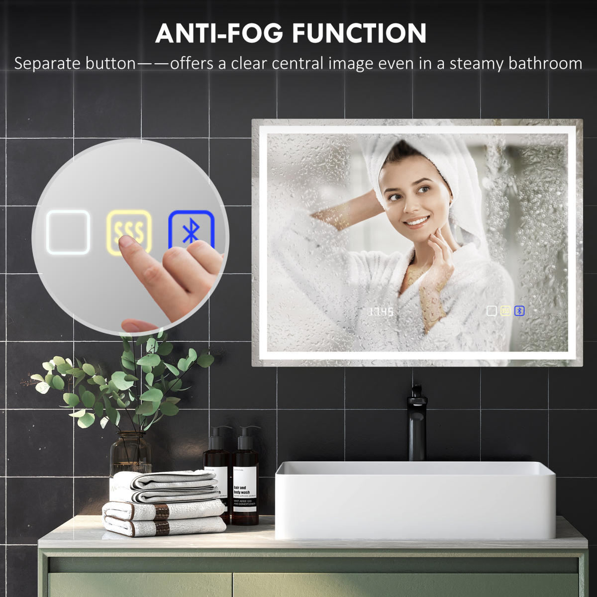 HOMCOM 600 x 800 mm Bathroom Mirror with Bluetooth Clock Lights Demister Pad