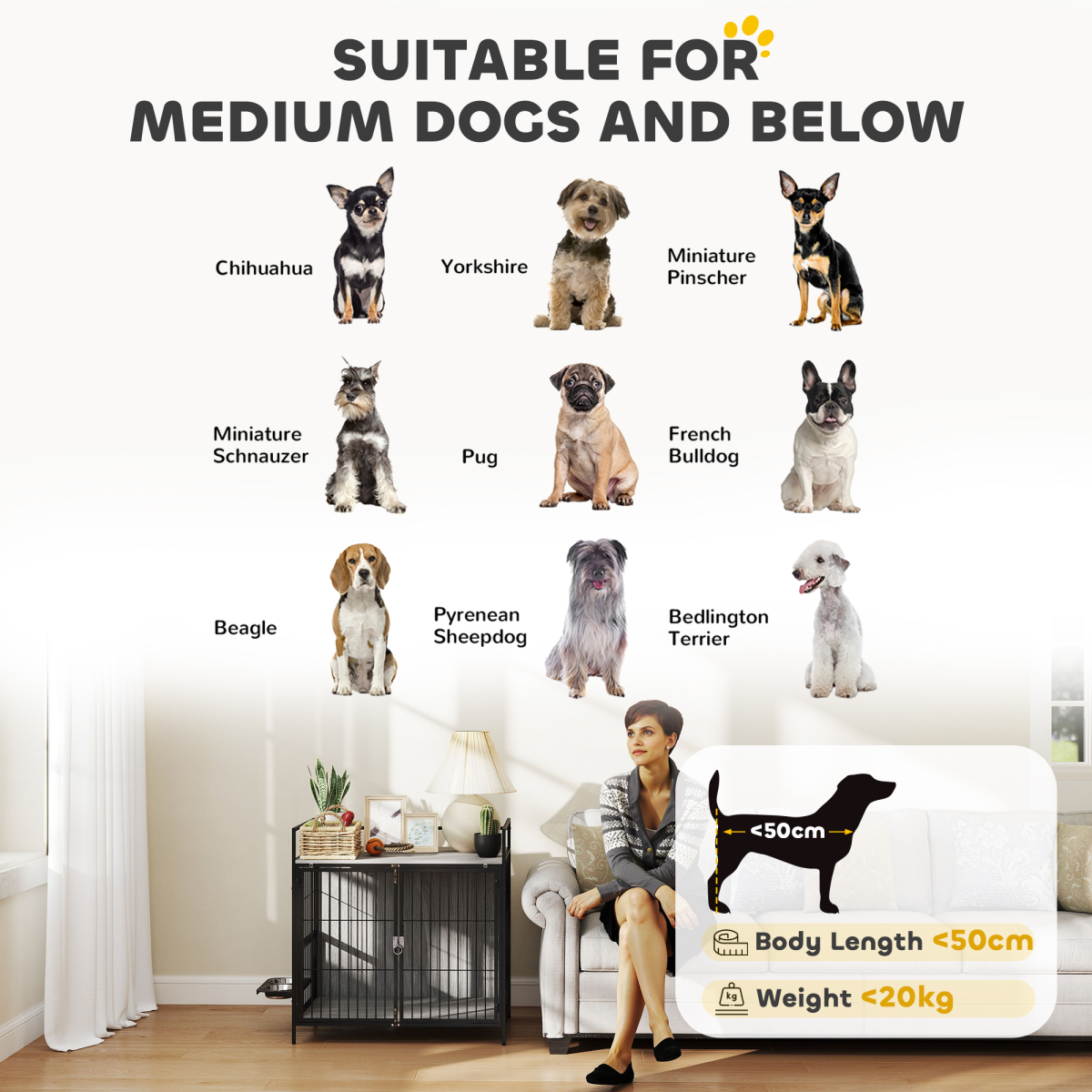 PawHut Dog Crate Furniture with Rotating Bowl Holder for Medium Dogs, Grey