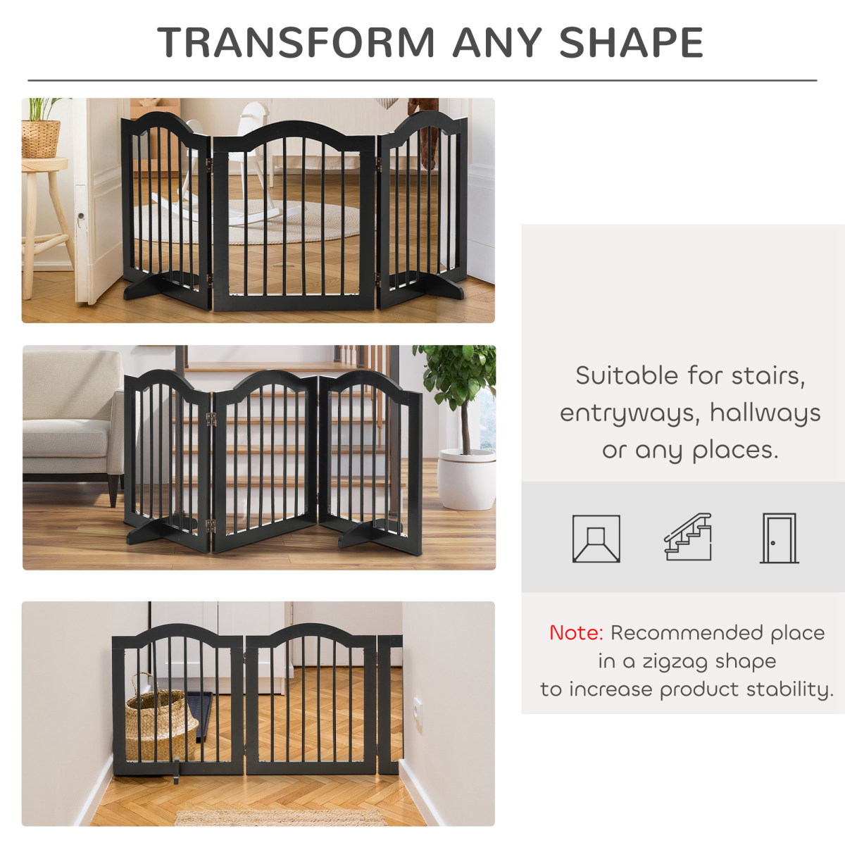 3 Panels Dog Gate w/ Support Feet Fence Safety Barrier Freestanding Wood Black