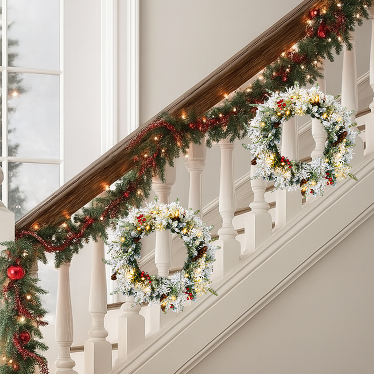 2 Pack 18in Pre-lit Snow Flocked Christmas Wreath, Lighted Artificial Xmas Wreath with 60 Warm Lights and 140 Tips and Red Berries Pine Cones, for Front Door Gate Wall Xmas Party Decorations