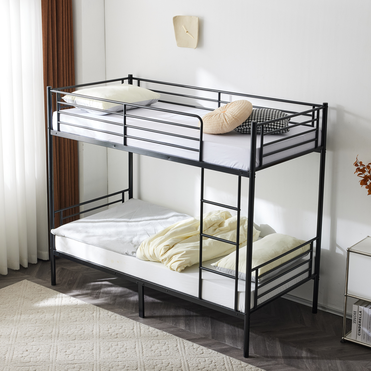 Twin Over Twin Bunk Bed for Kids Teens Adults, Heavy Duty Metal Bunk Bed with Ladder & Full-Length Guard Rail & Storage Space, Black