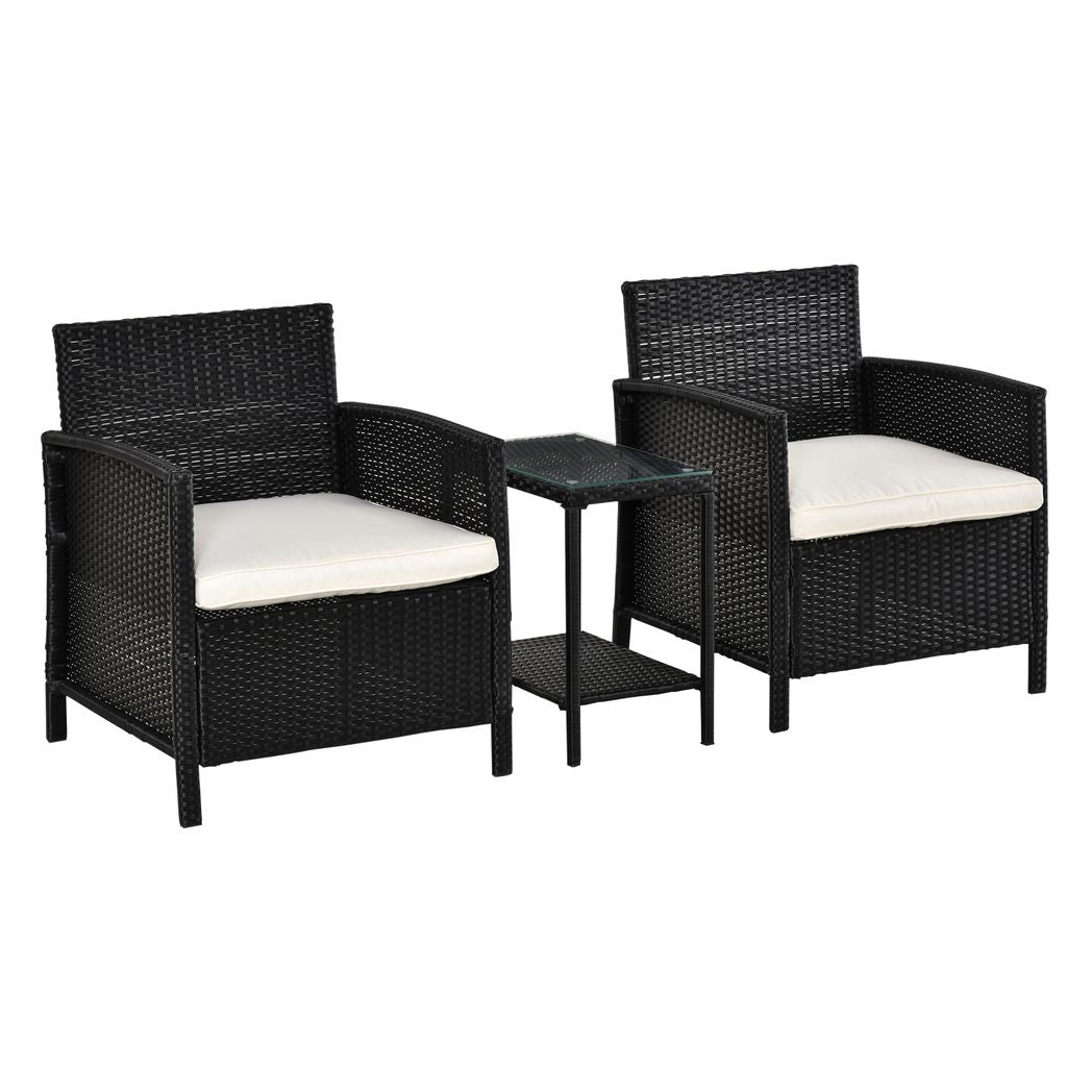 Outsunny 2-Seater PE Rattan Side Table & Armchair Bistro Set w/ Pillows Black Black 63cm x 68cm x 78cm
