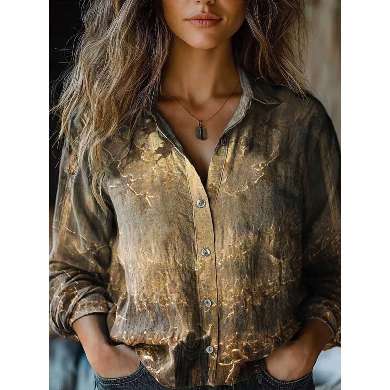 Retro Print Long Sleeve Casual Shirt