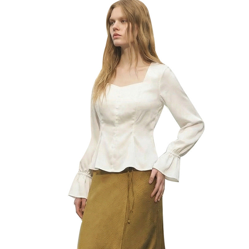U-neck Puffed-sleeve Pullover Shirt