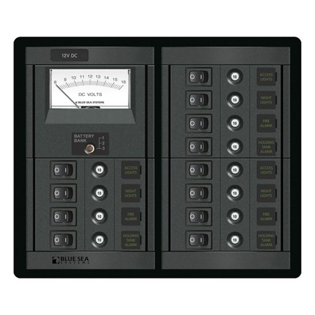 Blue Sea 360 DC Circuit Breaker Panel with Voltmeter (12V / 12-Way)