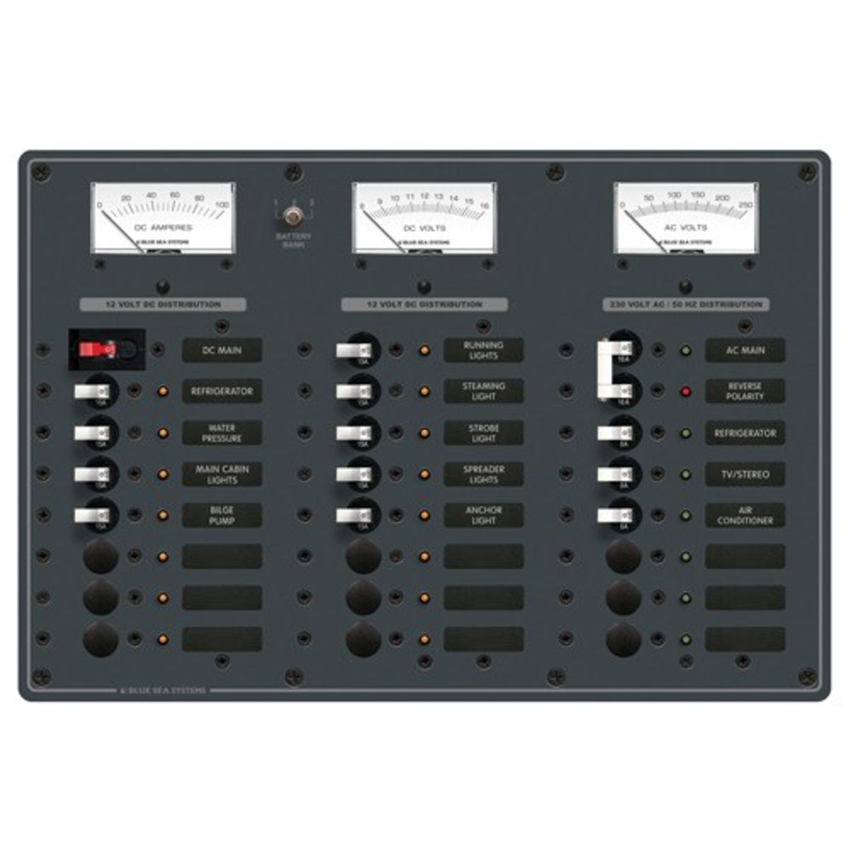 Blue Sea Main Circuit Breaker Panel with Meters (16-Way DC / 8-Way AC)