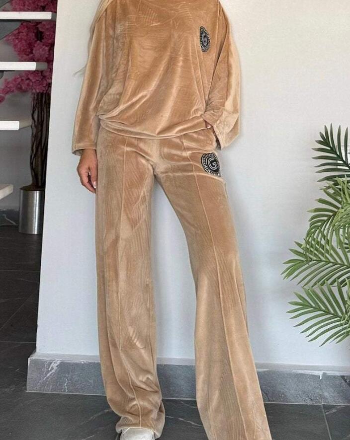 Velvet Solid Color Crew-neck Batwing Sleeve Casual Two-piece Suit Women's Clothing