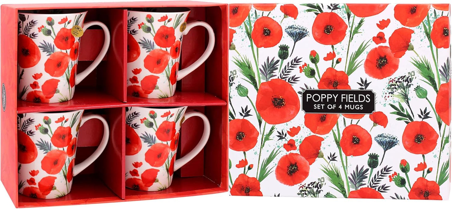 The Leonardo Collection Finola Stack Poppy Mugs x4, New but 1 mug has broken handle, open, scruffy box