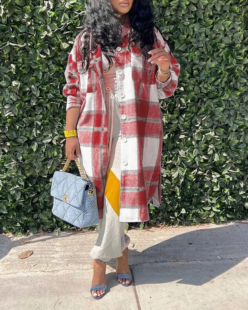 Women's Mid-length Casual Fashion Plaid Single-breasted Coat