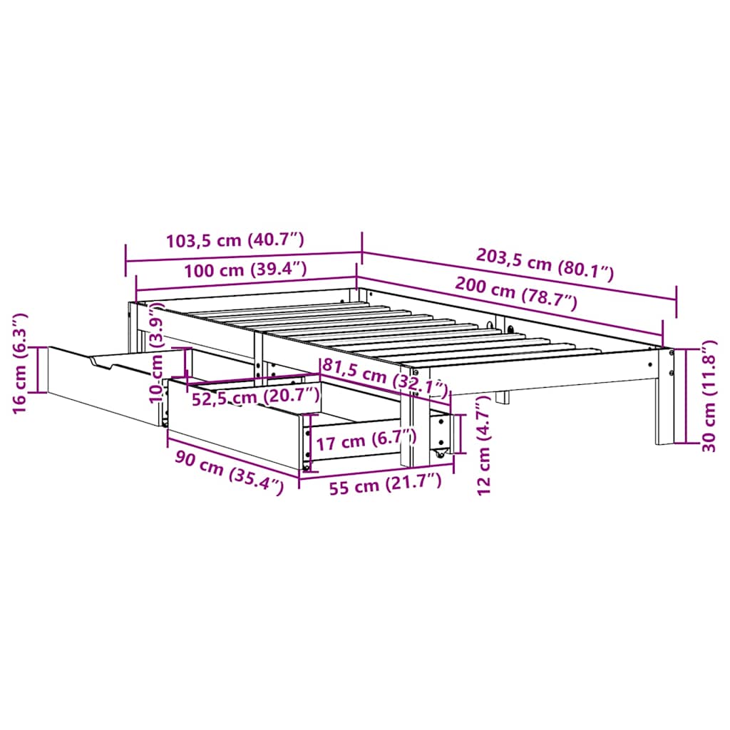 Bed Frame with Drawers without Mattress 100x200 cm