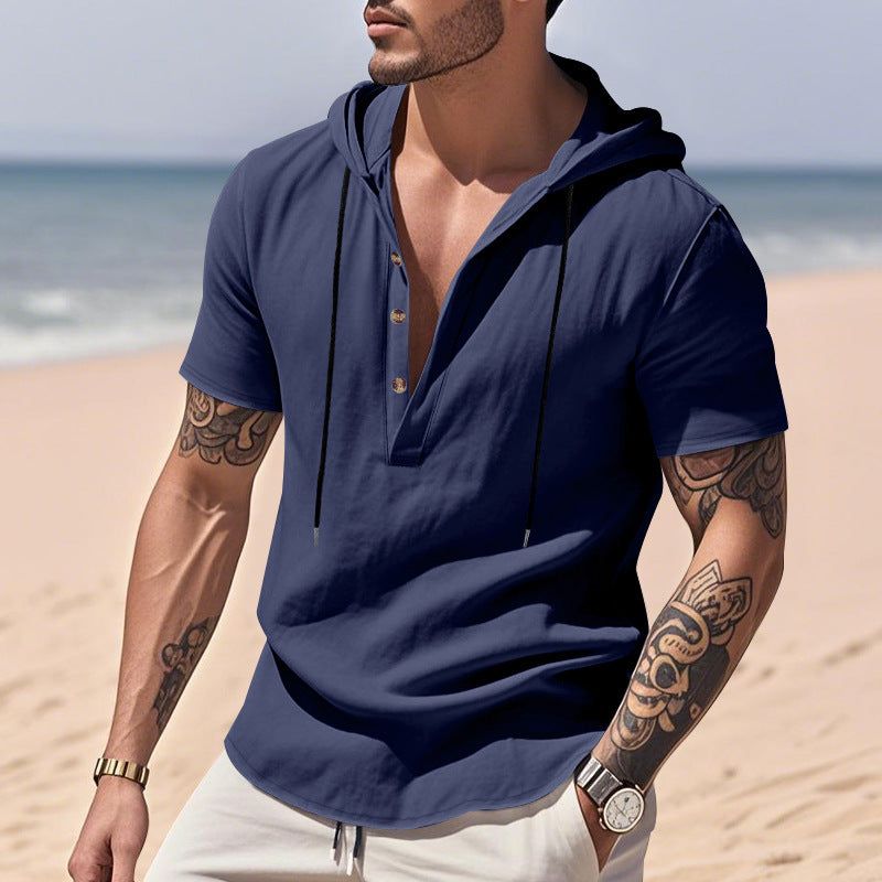 Breathable Linen Hooded Henley Shirt With Short Sleeves