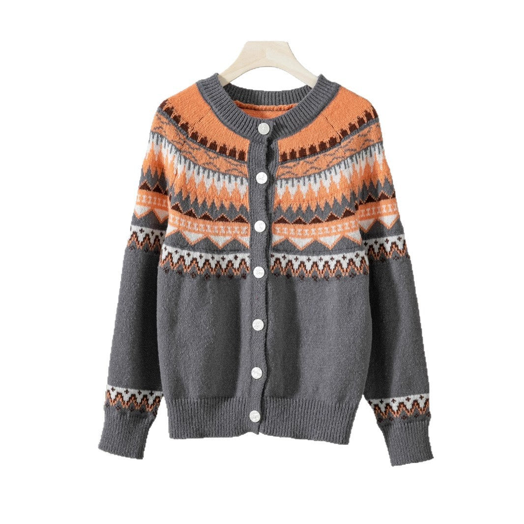 Contrast Color Single-breasted Long Sleeve Knitted Cardigan