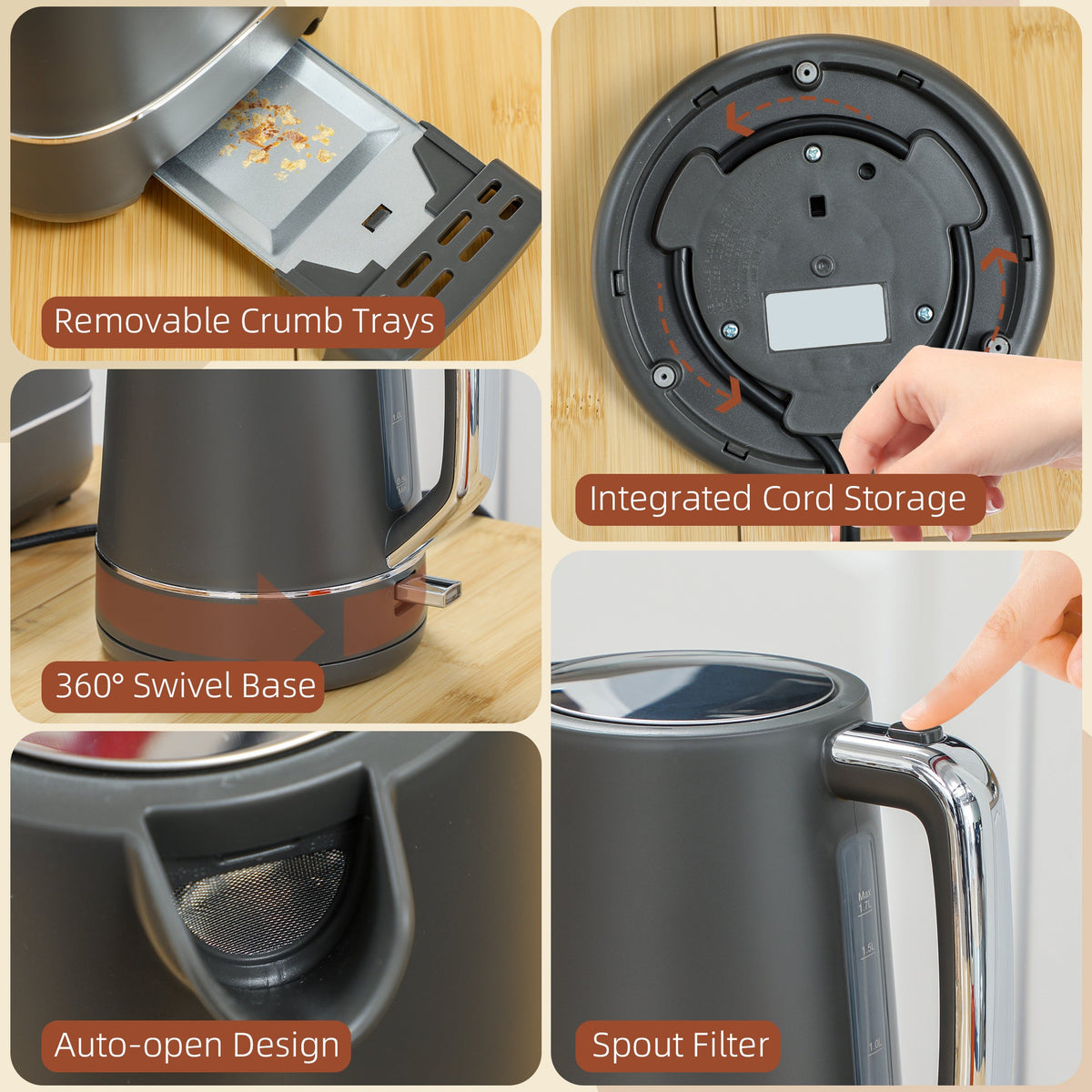 HOMCOM 1.7L 3000W Fast Boil Electric Kettle and 2 Slice Toaster Set, Grey