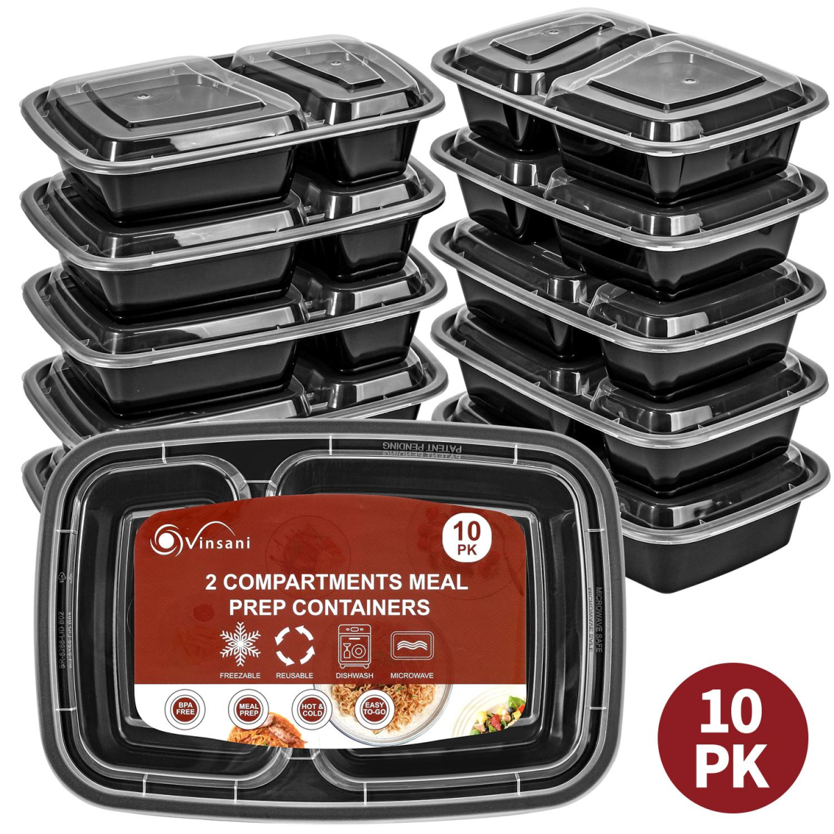 VINSANI 20pk 2 COMPARTMENTS MEAL PREP CONTAINERS 1010475
