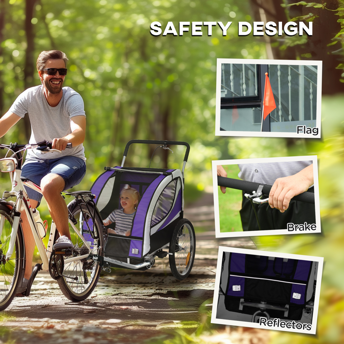 HOMCOM 2 Seat Child Bike Trailer, Baby Bicycle Trailer for 2 Kids, Purple