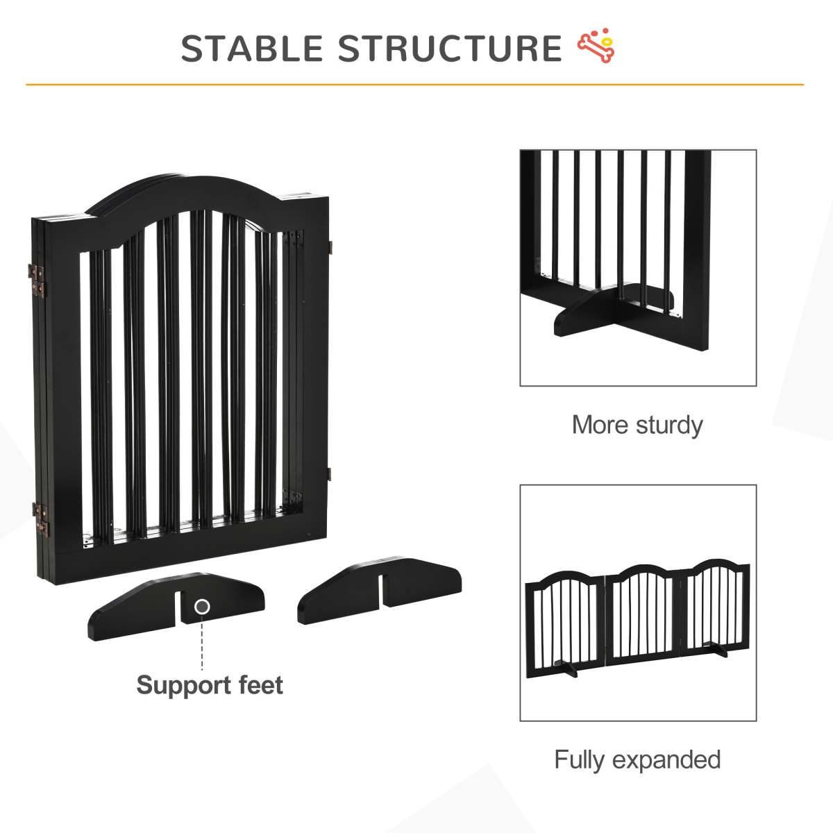 3 Panels Dog Gate w/ Support Feet Fence Safety Barrier Freestanding Wood Black