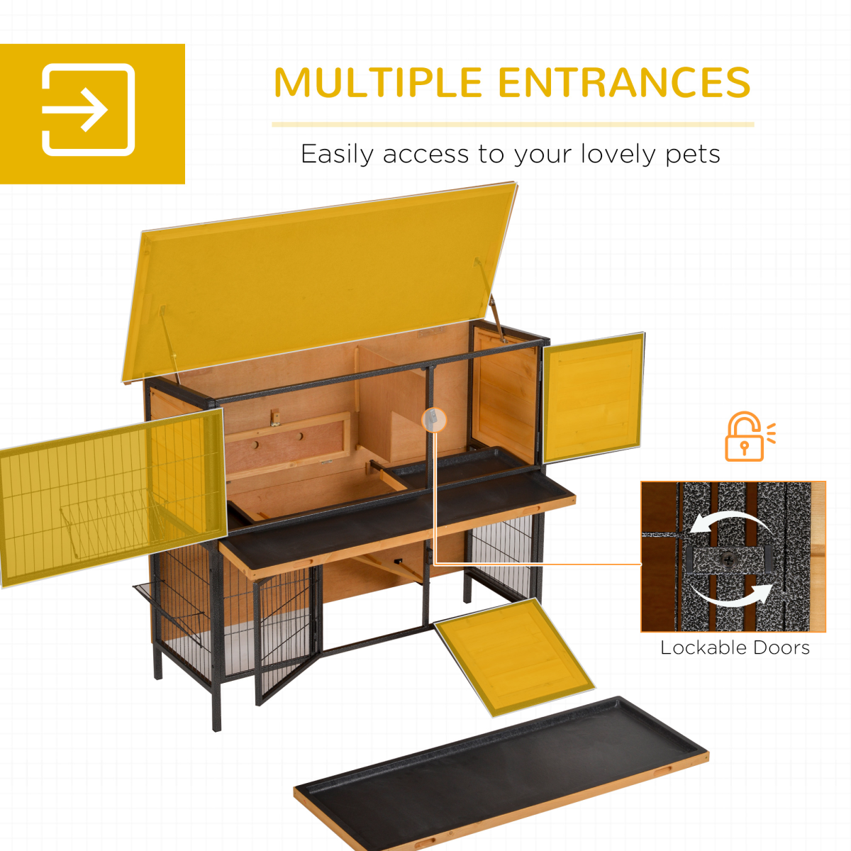 Wooden Metal Rabbit Hutch Pet House Bunny w/ Slide-Out Tray Outdoor Light Yellow