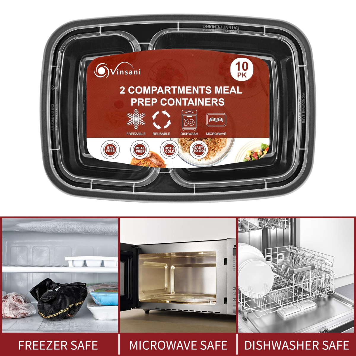 VINSANI 10pk 2 COMPARTMENTS MEAL PREP CONTAINERS 1010424