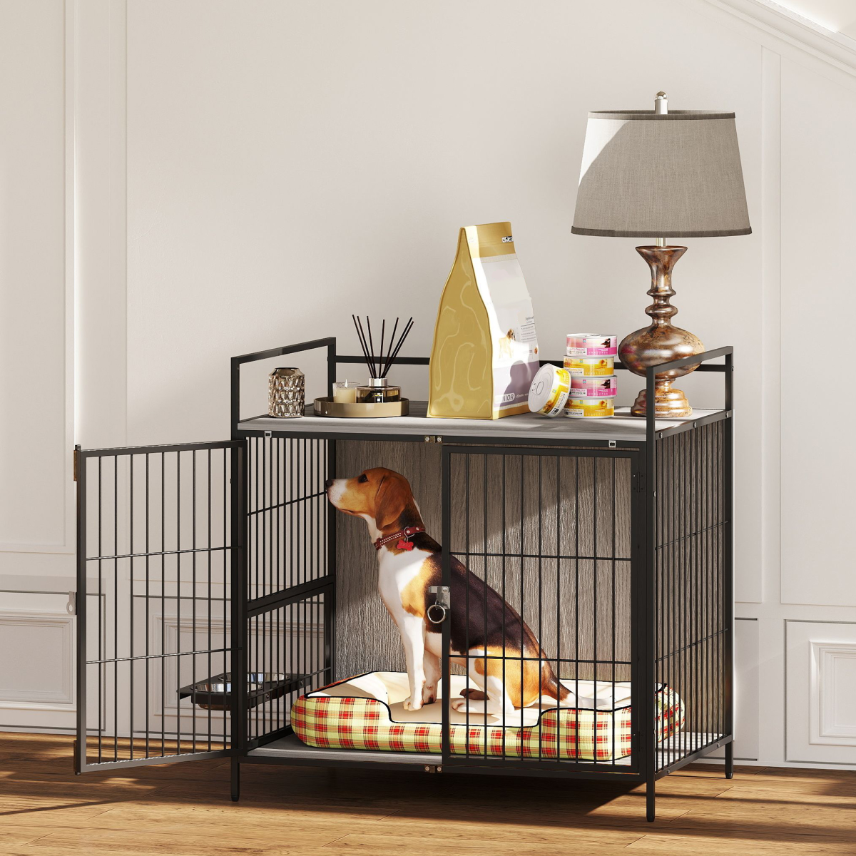 PawHut Dog Crate Furniture with Rotating Bowl Holder for Medium Dogs, Grey
