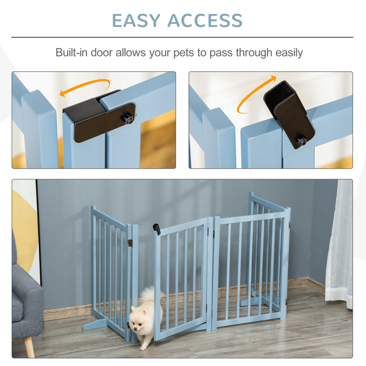 Wooden Foldable Dog Safety Barrier w/ 4 Panels for Small&Medium Dogs Blue Grey
