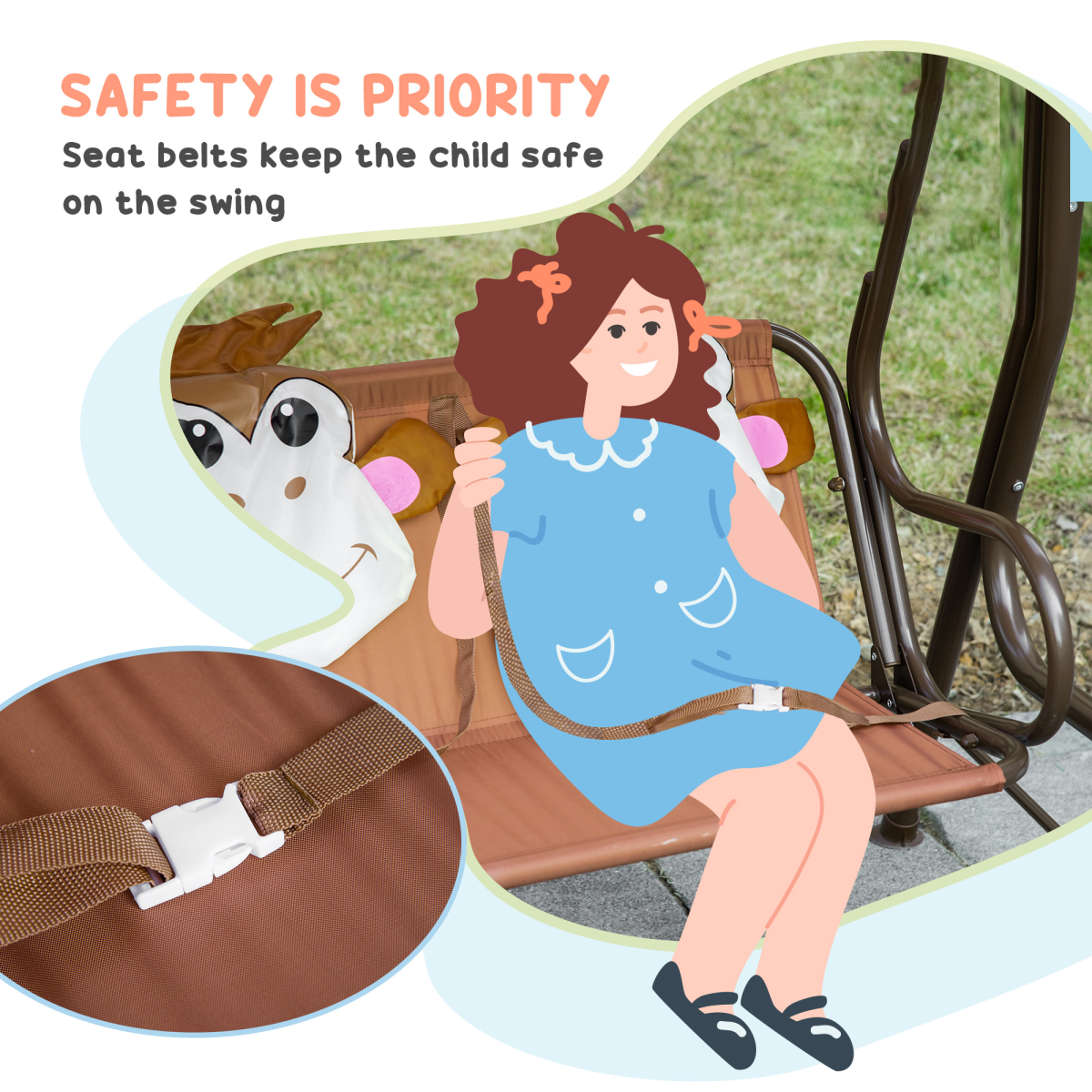 Two-Seat Kids Canopy Swing Chair Adjustable Awning, Seatbelt