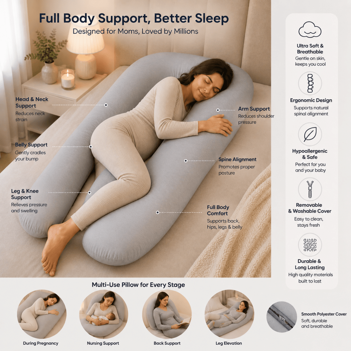 12 Ft Maternity Pillow And Case - Light Blue
