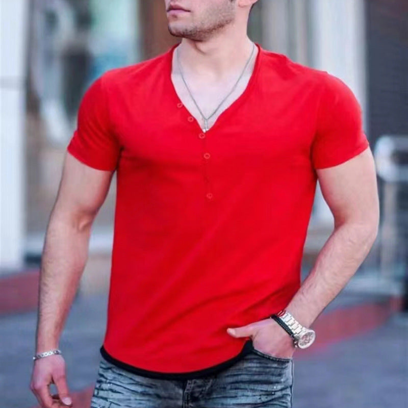 New Men's V-Neck Round Hem Casual Short Sleeve T-Shirt