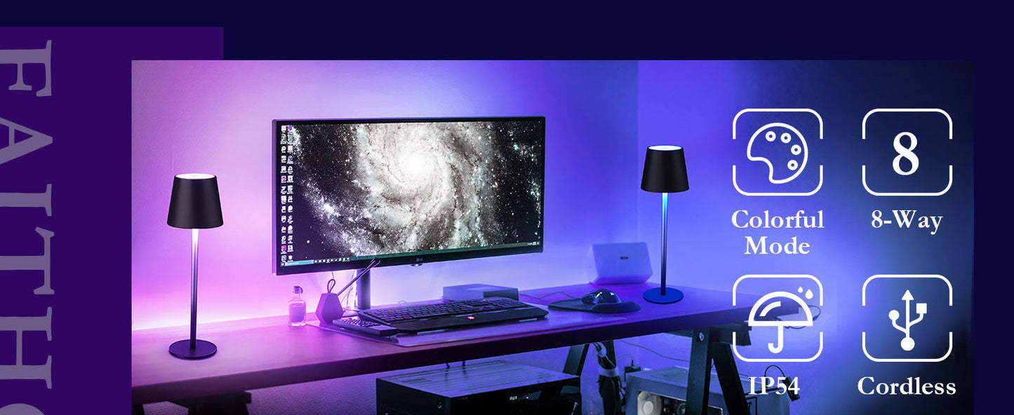 Cordless LED Table Lamp RGB Rechargeable Desk Light IP54 Touch Dimmable 2 Pack