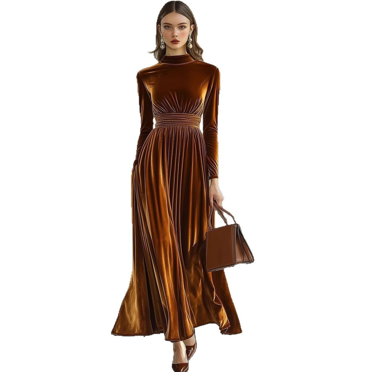 Pleuche Long Sleeve Dress Waist Slimming