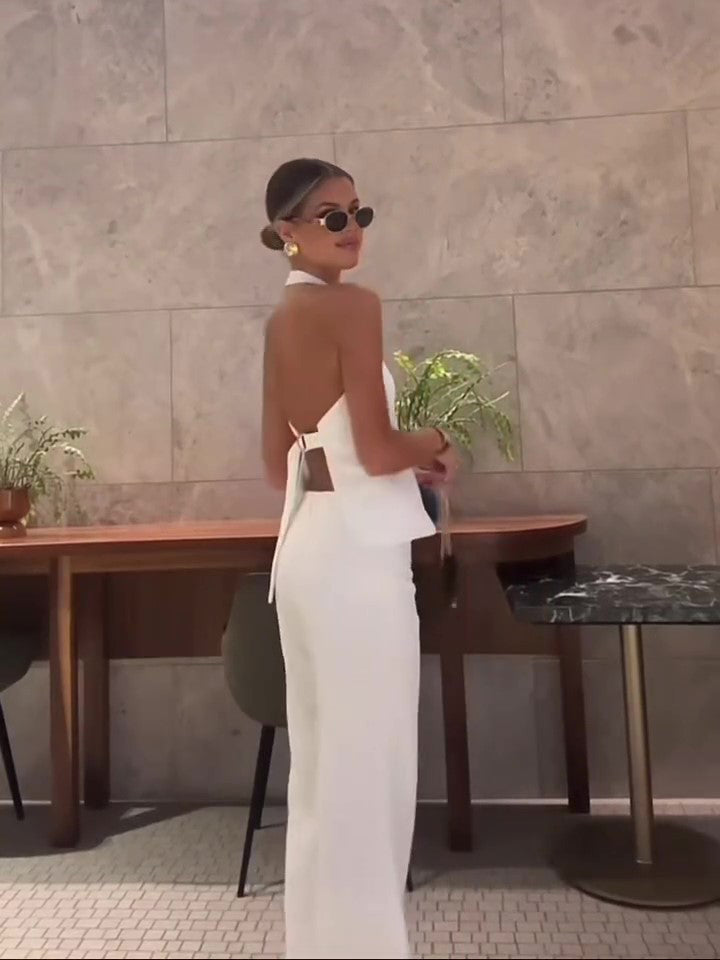 White Backless Halterneck Vest & High-waisted Pants Suit