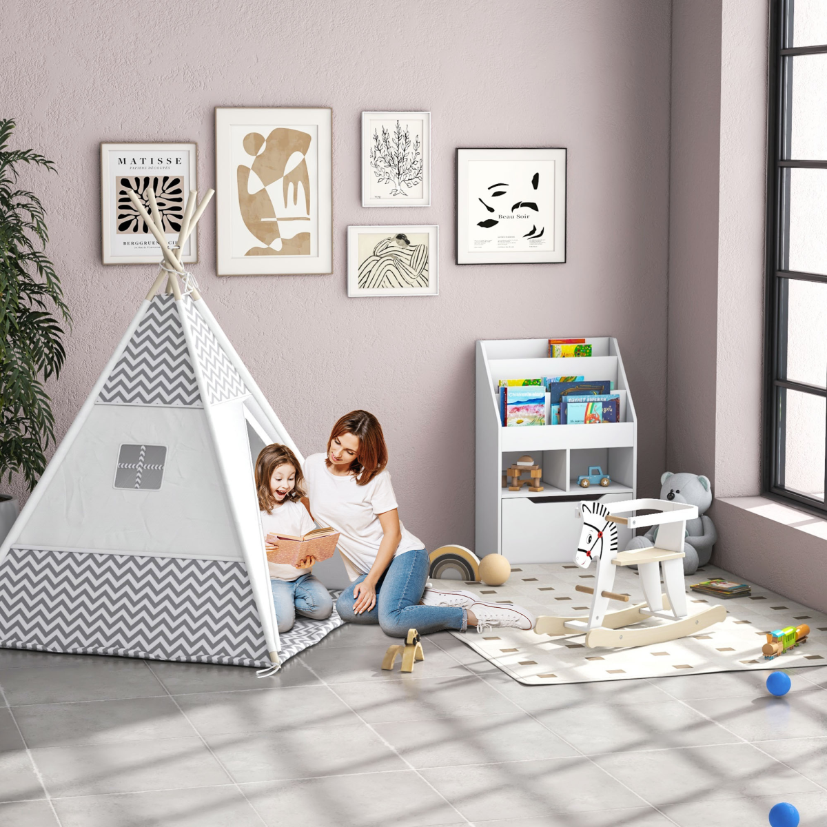 Children's Bookcase, Toy Organiser w/ Wheels, for Bedroom - White