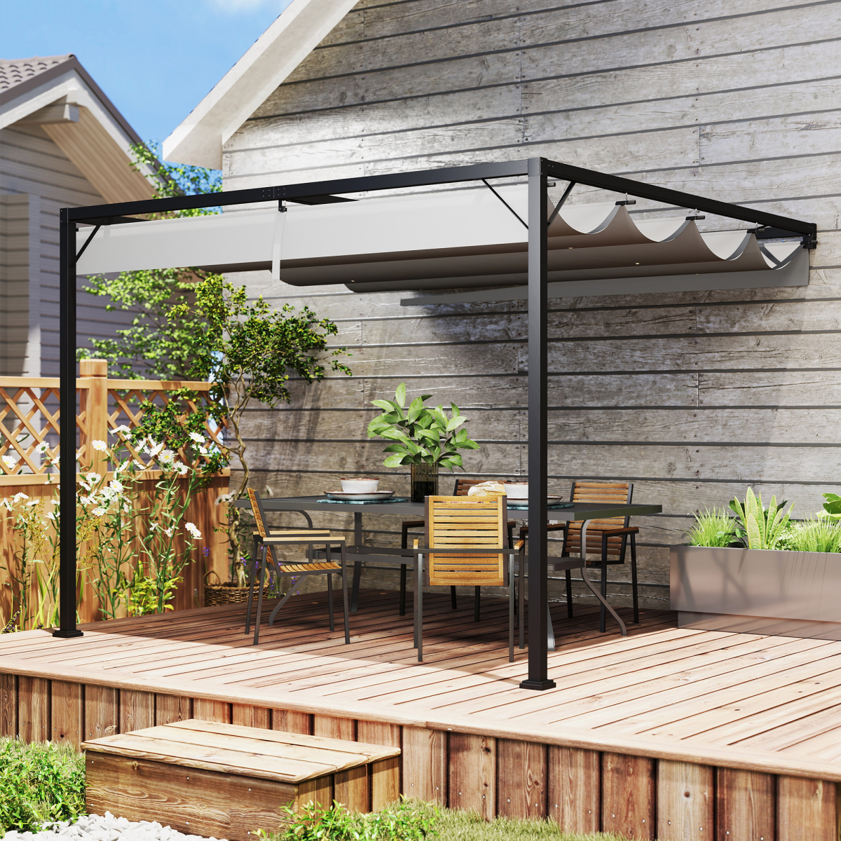 Outsunny 3 x 3(m) Outdoor Pergola Retractable Canopy Wall Mounted, Grey