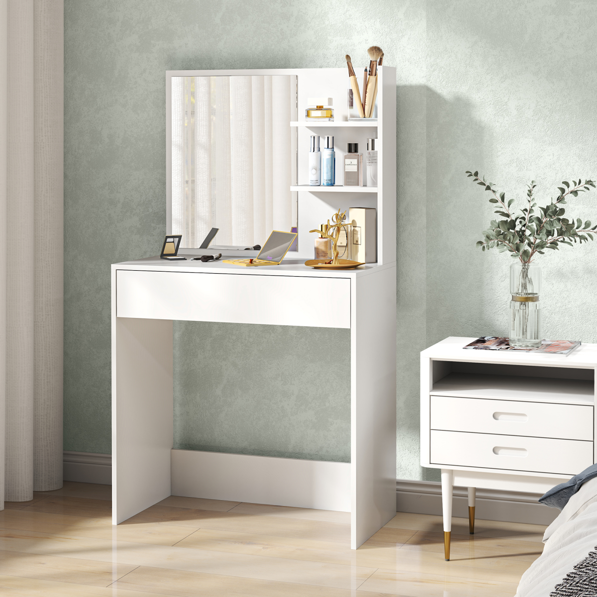 HOMCOM Dressing Table with Mirror and Storage, Modern Vanity Desk, White