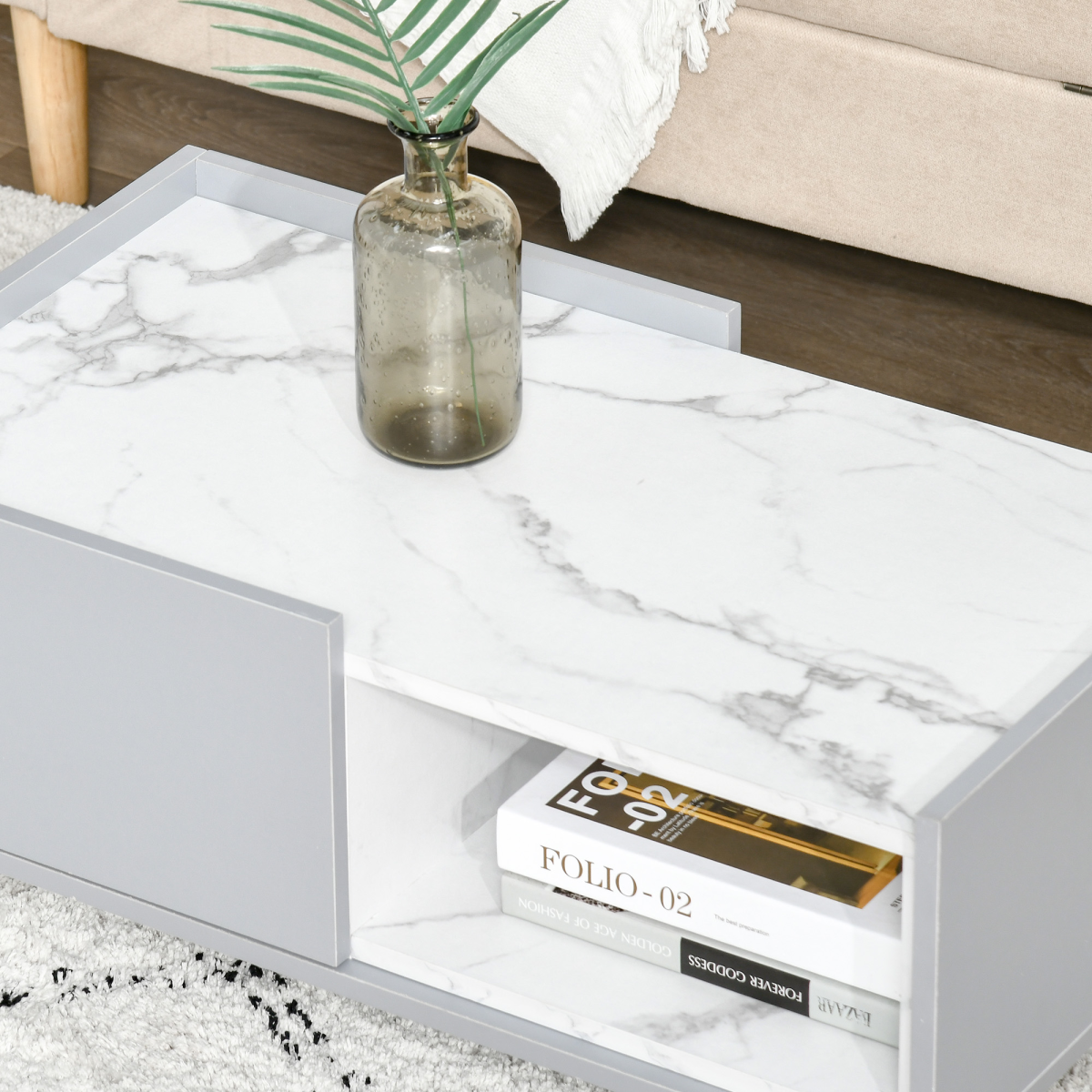 HOMCOM Two-Tone Coffee Table Marble Effect w/ Storage Wood Legs Home Furniture