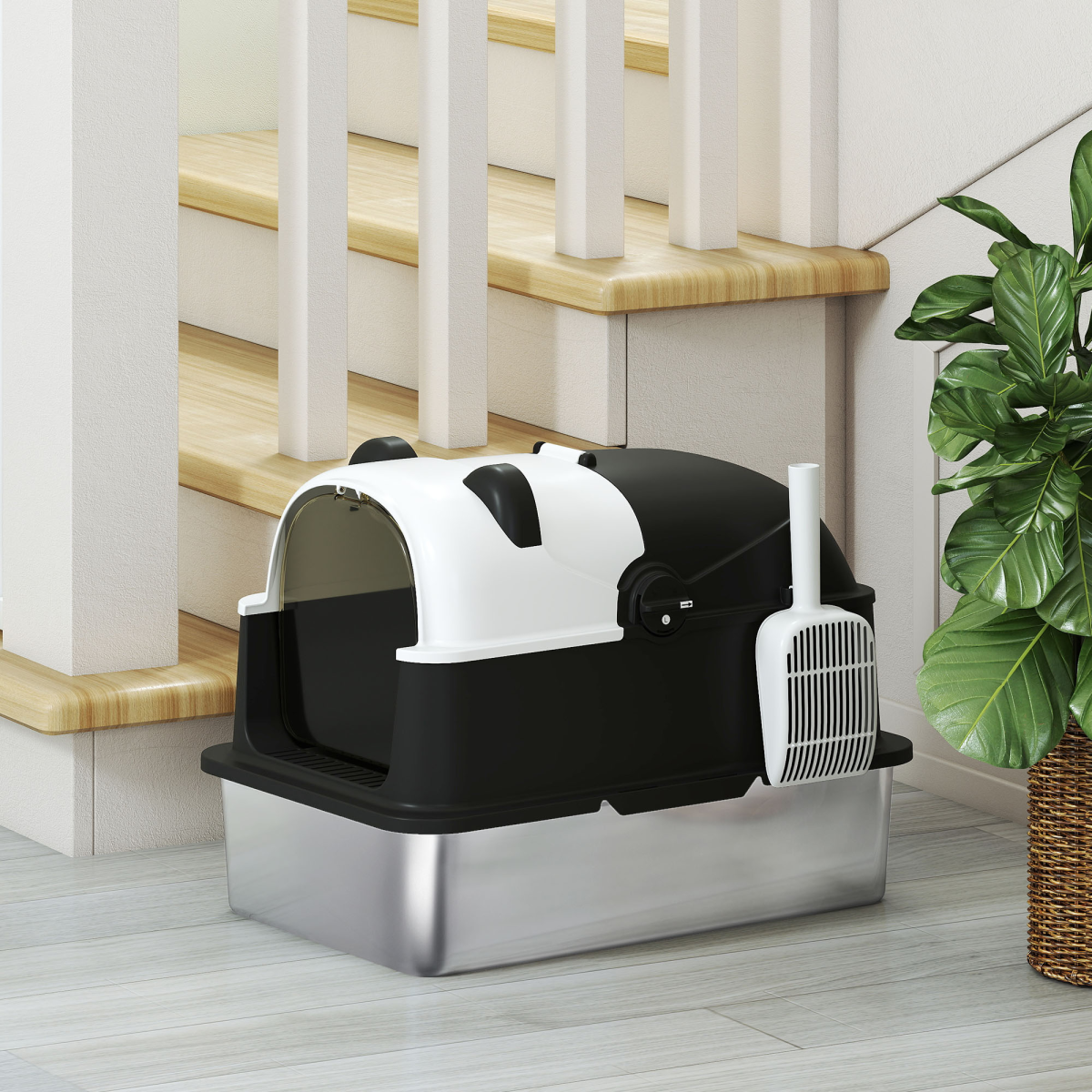 PawHut XL Stainless Steel Litter Box Tray with Lid, Panda Style