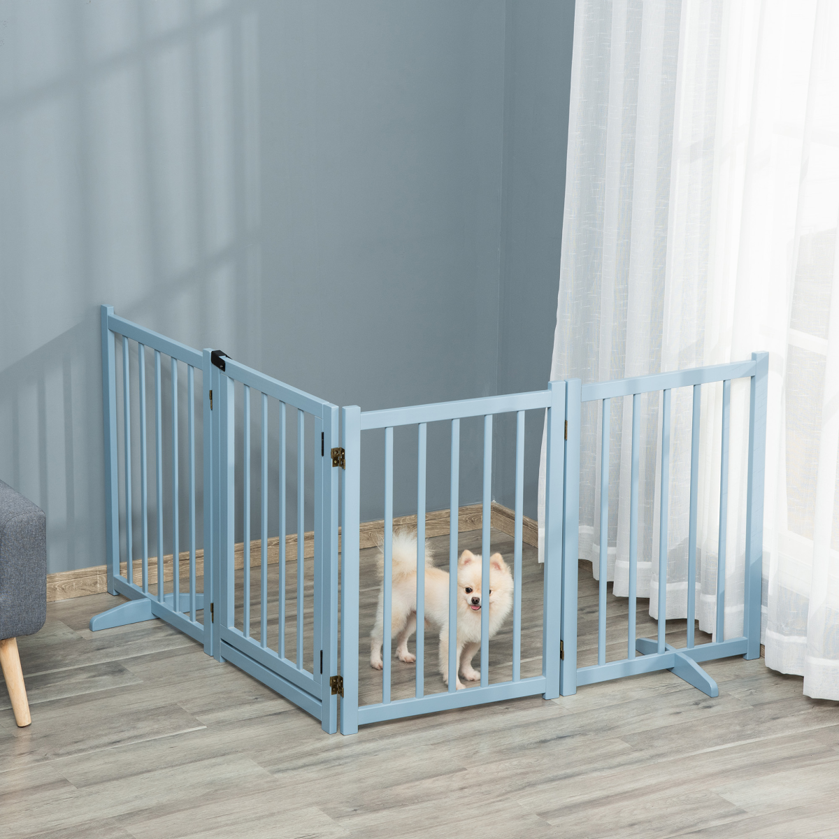 Wooden Foldable Dog Safety Barrier w/ 4 Panels for Small&Medium Dogs Blue Grey
