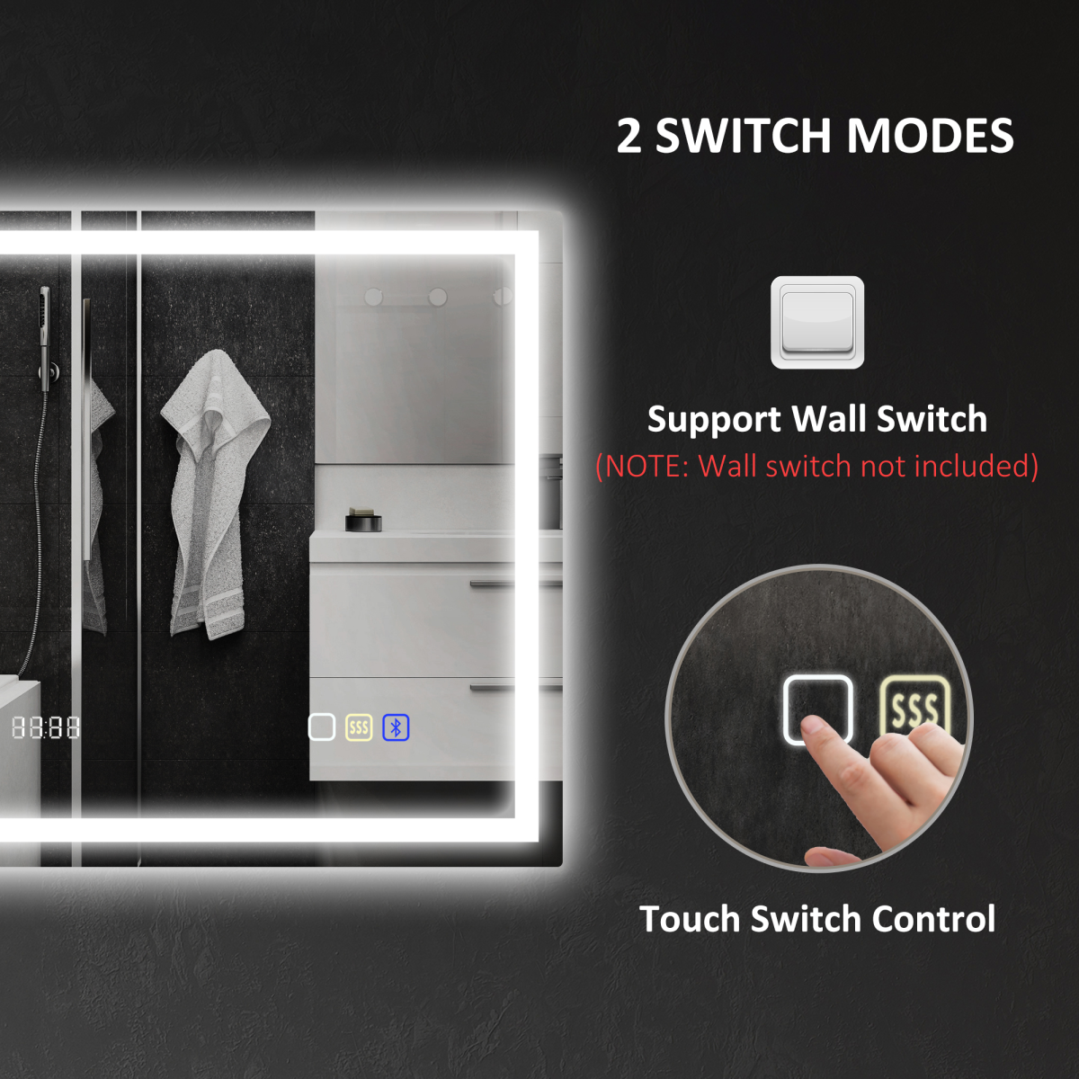 HOMCOM 600 x 800 mm Bathroom Mirror with Bluetooth Clock Lights Demister Pad
