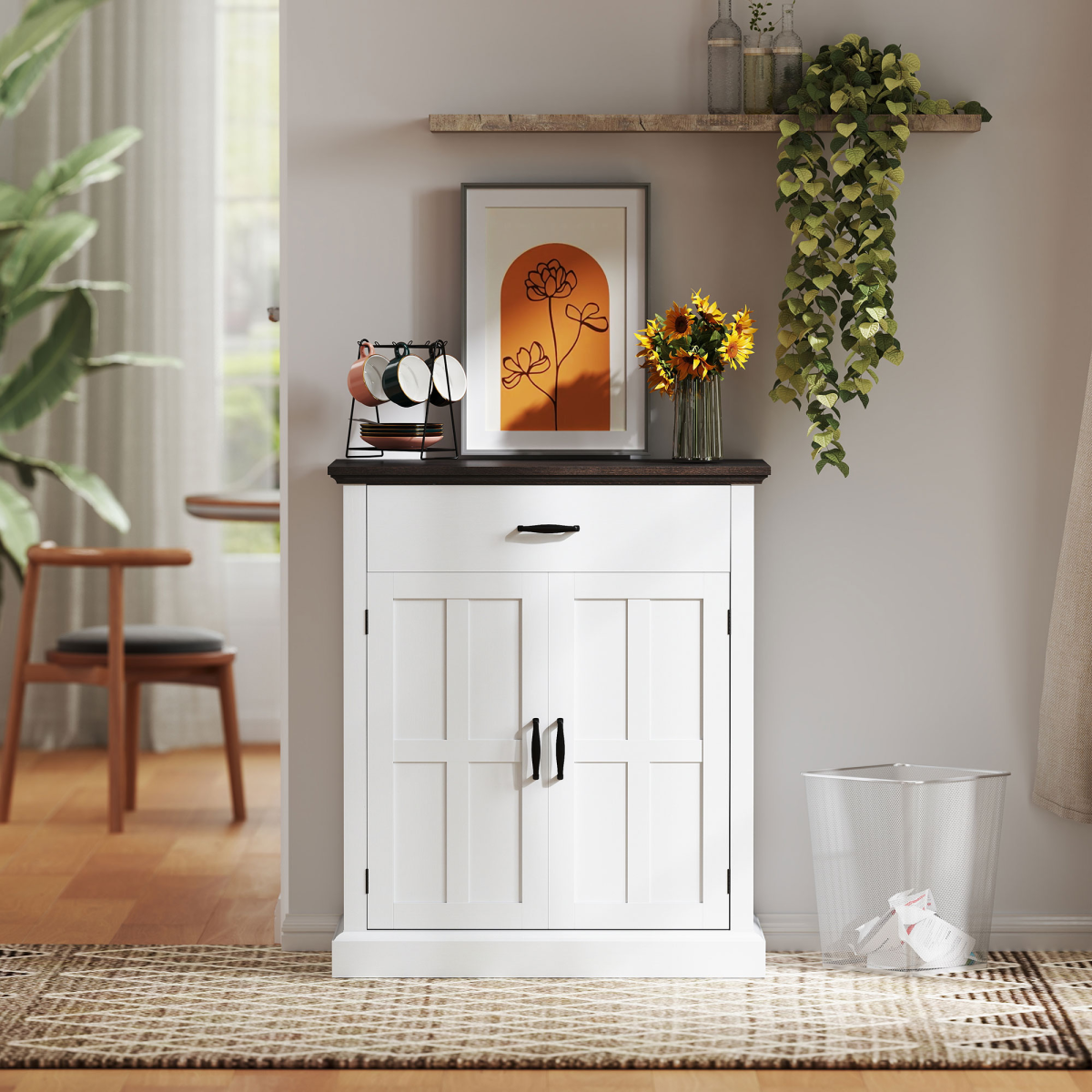HOMCOM Sideboard Storage Cabinet with Thick Tabletop and 2 Barn Doors White
