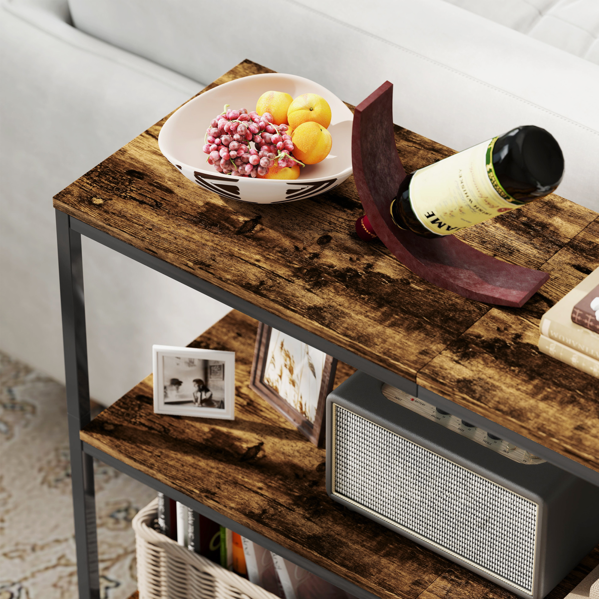 HOMCOM Industrial Console Table with 3-Tier Storage Shelves Rustic Brown